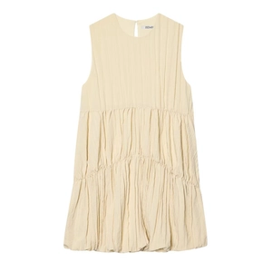 Robe Midi Sans Manches Plissée Sexy pour Femmes Robe à Étages Élégante Couleur Unie Col Rond Coupe Ballon