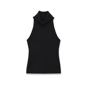 Women's minimalist black sleeveless turtleneck knit top with high-neck ribbed texture