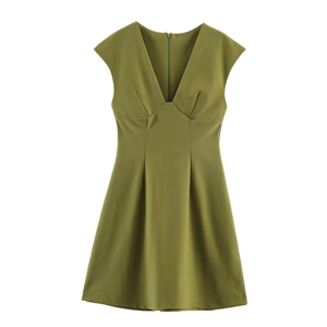 Detailed flat lay of a green sleeveless V-neck A-line dress with an invisible back zipper
