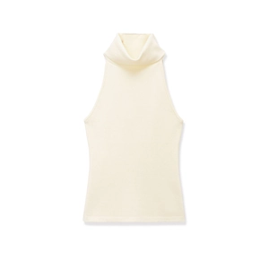 Elegant cream sleeveless turtleneck knitted sweater with a minimalist slim fit design