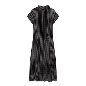 Elegant polka dot midi dress with a high bow neckline and short cap sleeves