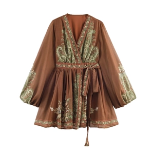 Bohemian paisley V-neck maxi dress with lantern sleeves and belted waist in terracotta