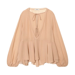 Women's pink long sleeve v-neck chiffon blouse with elegant ruffled peplum hem