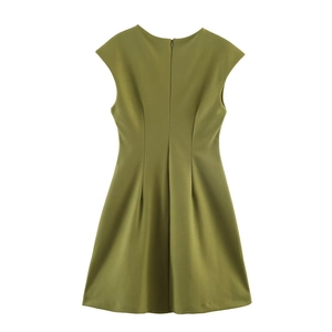 Detail view of olive green sleeveless dress back featuring invisible zipper and A-line cut