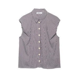 Classic blue and white striped sleeveless shirt with ruffled armholes and button front