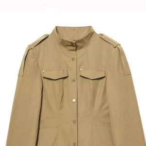 Women's khaki military style jacket with stand collar and flap pockets on white background