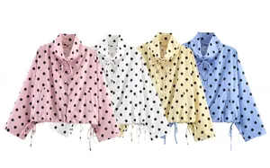 Polka dot lightweight jackets with drawstring collars in pink, white, yellow and blue