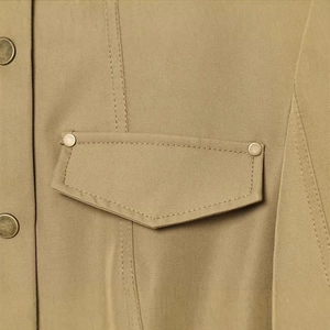 Women's casual khaki workwear jacket with metal snap buttons and cotton twill texture