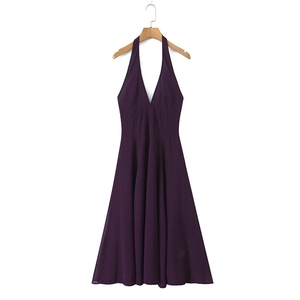 Elegant Women Dark Purple Halter Deep V Neck Sleeveless Maxi Dress Slim Fit A-Line Mesh Party Evening Dress