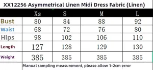 Guide des tailles pour robe midi asymétrique en lin avec mesures de buste et taille