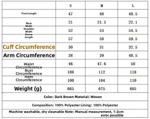 Size chart for brown faux leather jacket detailing measurements for S, M, and L sizes