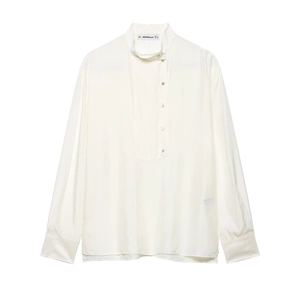 Elegant pearl white silk blouse with minimalist stand collar and satin finish drape