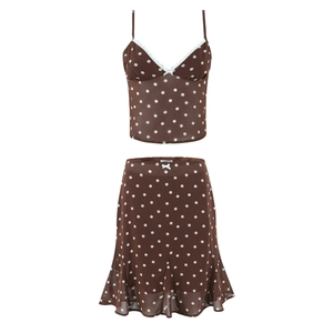 Ensemble Deux Pièces Femme Vintage à Pois Col en V Caraco en Dentelle Et Jupe à Volants Tenues Décontractées Été