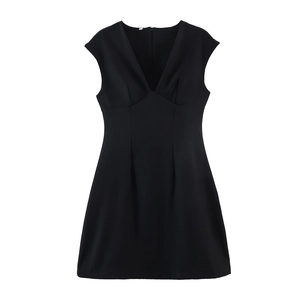 Detail view of black V-neck sleeveless dress with A-line cut and cinched waist design