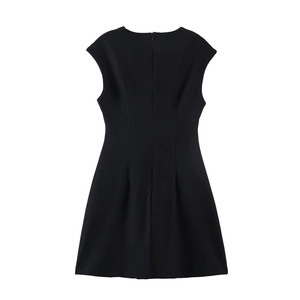 Rear view of black sleeveless dress with invisible zipper and structural waist seams