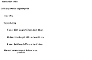 Size chart showing 100% cotton maxi dress measurements and specifications