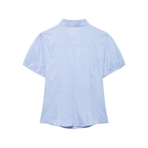 Camicia da donna in popeline azzurro a maniche corte con fiocco e maniche a lanterna retro