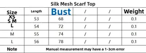 Size chart for mesh scarf top with length, chest, and weight in XS to L sizes