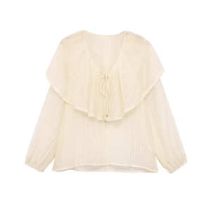 Blusa Donna Stile Francese Scollo a V con Volant in Pizzo Crema Manica Lunga Camicia in Chiffon Plissettata con Fiocco Top Elegante