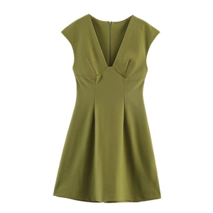 Olive green sleeveless V-neck mini dress with cinched waist and pleated skirt