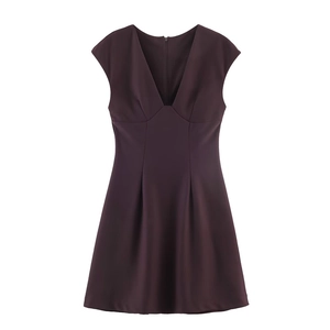 Elegant plum deep V-neck sleeveless dress with high waist and A-line silhouette