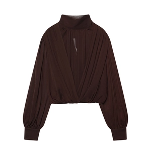 Dark coffee brown mock neck cropped blouse with symmetric V-shape pleats and lantern sleeves