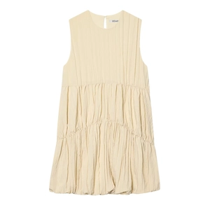 Robe plissée crème sans manches avec silhouette ballon volumineuse et col rond