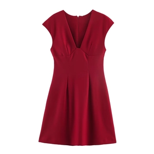 Elegant wine red sleeveless mini dress with deep V-neck and A-line silhouette