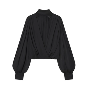 Elegant black long sleeve blouse with lantern sleeves and pleated cross neck design