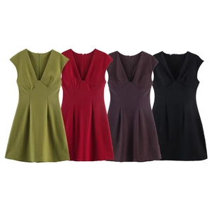 Women's chic V-neck sleeveless dress shown in olive, red, purple and black colors
