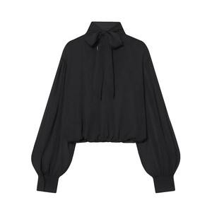 Elegant black long-sleeve blouse with bow-tie high neck and lantern sleeves for women