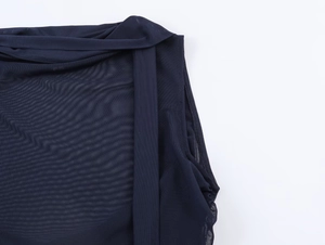 Detail of the sheer mesh fabric and stitching on this slim fit mesh scarf t-shirt