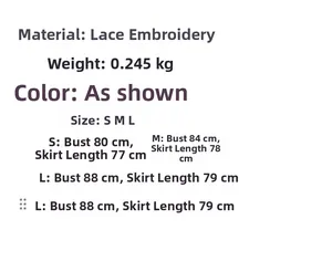 Detailed sizing chart for lace embroidered dress including bust and length for S M L sizes
