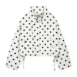 Women's chic polka dot short jacket with high collar and adjustable drawstring hem