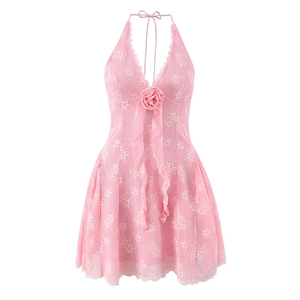 Vestito da Donna Sexy in Pizzo Rosa Floreale Scollo all'Americana Con Rosa 3D Dolce Schiena Scoperta Vestibilità Slim Senza Maniche Midi Vestito Festa Vacanza