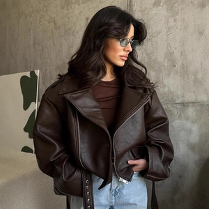 Brown oversized faux leather biker jacket with lapel collar and belt detail