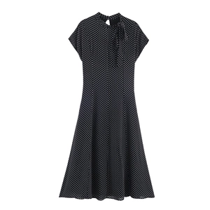 Vintage Black Polka Dot Midi Dress For Women Elegant High Neck Bow Tie Short Sleeve A-Line Chiffon Summer Fashion Dress