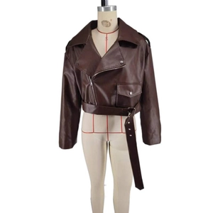 Short brown faux leather biker jacket with wide lapels and adjustable waist belt