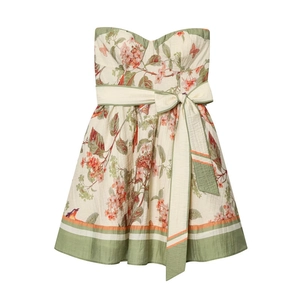 Robe Bustier à Imprimé Floral pour Femmes Coupe Ajustée Dos Nu Mini Robe Trapèze Avec Ceinture à Nœud Printemps Été