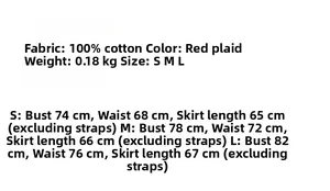 Size chart for red plaid halter dress in 100% cotton showing S, M, and L measurements