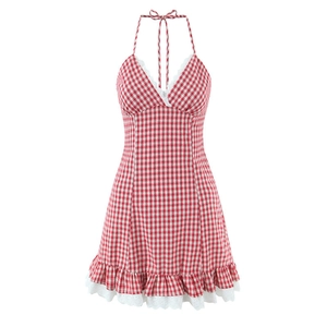Women Gingham Halter Neck Lace Trim Mini Dress Cotton Sexy Backless Ruffle Hem Summer Party Casual Sleeveless Dress