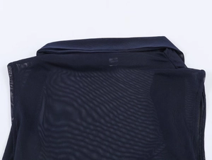 Detail of navy blue mesh fabric top showing breathable texture and neckline