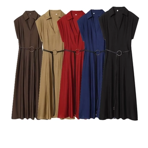 Robe Chemise Sans Manches pour Femmes Col en V Élégante Avec Ceinture Couleur Unie Coupe Ajustée Robe Longue Mode Bureau