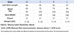 Detailed size chart for women's satin skirt showing waist, hip, and length measurements