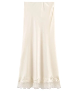 Detail of cream satin midi skirt featuring floral lace trim hem and glossy silk texture