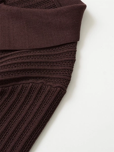 Detail of dark brown knit set showing layered textures, openwork patterns and ribbed fabric
