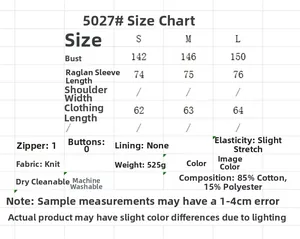 Detailed size chart for women knit jacket with cotton fabric specs and measurements