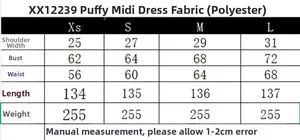 Detailed size guide table for fluffy midi dress showing measurements from XS to L