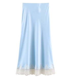Detail of light blue satin midi skirt featuring delicate white lace trim on the hemline