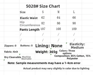 Size chart for high-waisted knit flare pants with waist, hip and length measurements